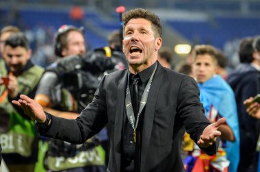Lyon, Fransa - 16 Mayıs, 2018: Diego Simeone final Uefa Avrupa Ligi Groupama Stadyumu, Fransa Olimpik Marsilya karşı zafer kutluyor