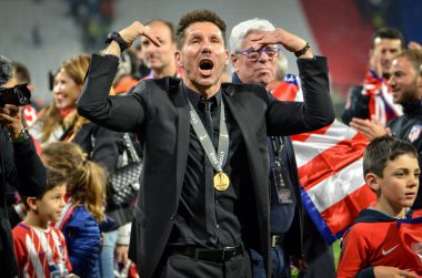 Lyon, Fransa - 16 Mayıs, 2018: Diego Simeone final Uefa Avrupa Ligi Groupama Stadyumu, Fransa Olimpik Marsilya karşı zafer kutluyor