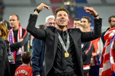 Lyon, Fransa - 16 Mayıs, 2018: Diego Simeone final Uefa Avrupa Ligi Groupama Stadyumu, Fransa Olimpik Marsilya karşı zafer kutluyor