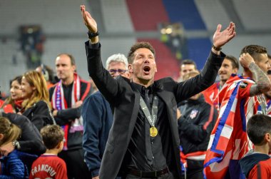 Lyon, Fransa - 16 Mayıs, 2018: Diego Simeone final Uefa Avrupa Ligi Groupama Stadyumu, Fransa Olimpik Marsilya karşı zafer kutluyor
