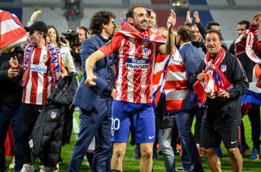 Lyon, Fransa - 16 Mayıs, 2018: Athletico Madrid oyuncular ve Juanfran son Uefa Avrupa Ligi Groupama Stadyumu, Fransa Olimpik Marsilya karşı zafer kutluyor