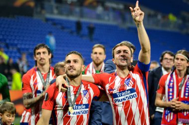 Lyon, Fransa - 16 Mayıs, 2018: Athletico Madrid oyuncular ve Koke ve Gabi final Uefa Avrupa Ligi Groupama Stadyumu, Fransa Olimpik Marsilya karşı zafer kutluyor