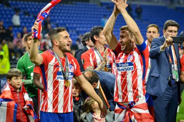 Lyon, Fransa - 16 Mayıs, 2018: Athletico Madrid oyuncular ve Koke ve Gabi final Uefa Avrupa Ligi Groupama Stadyumu, Fransa Olimpik Marsilya karşı zafer kutluyor
