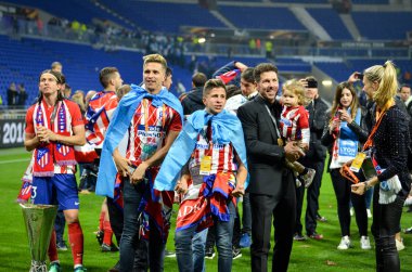 Lyon, Fransa - 16 Mayıs, 2018: Diego Simeone final Uefa Avrupa Ligi Groupama Stadyumu, Fransa Olimpik Marsilya karşı zafer kutluyor
