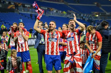 Lyon, Fransa - 16 Mayıs, 2018: Athletico Madrid oyuncular ve Koke ve Gabi final Uefa Avrupa Ligi Groupama Stadyumu, Fransa Olimpik Marsilya karşı zafer kutluyor
