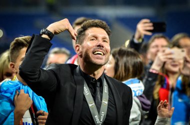 Lyon, Fransa - 16 Mayıs, 2018: Diego Simeone final Uefa Avrupa Ligi Groupama Stadyumu, Fransa Olimpik Marsilya karşı zafer kutluyor