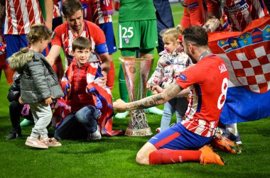 Lyon, Fransa - 16 Mayıs, 2018: Athletico Madrid oyuncular ve Saul Niguez final Uefa Avrupa Ligi Groupama Stadyumu, Fransa Olimpik Marsilya karşı zafer kutluyor