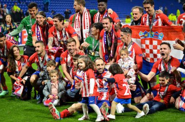 Lyon, Fransa - 16 Mayıs, 2018: Athletico Madrid oyuncular final Uefa Avrupa Ligi Groupama Stadyumu, Fransa Olimpik Marsilya karşı zafer kutluyor