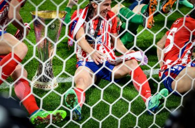 Lyon, Fransa - 16 Mayıs, 2018: Athletico Madrid oyuncular final Uefa Avrupa Ligi Groupama Stadyumu, Fransa Olimpik Marsilya karşı zafer kutluyor