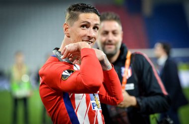 Lyon, Fransa - 16 Mayıs, 2018: Athletico Madrid oyuncular ve Fernando Torres final Uefa Avrupa Ligi Groupama Stadyumu, Fransa Olimpik Marsilya karşı zafer kutluyor