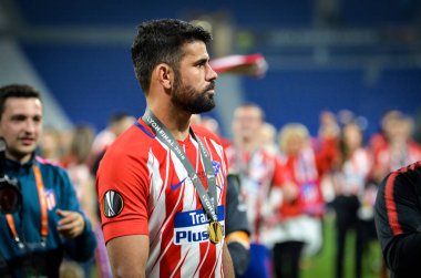 Lyon, Fransa - 16 Mayıs, 2018: Diego Costa final Uefa Avrupa Ligi Groupama Stadyumu, Fransa Olimpik Marsilya karşı zafer kutluyor