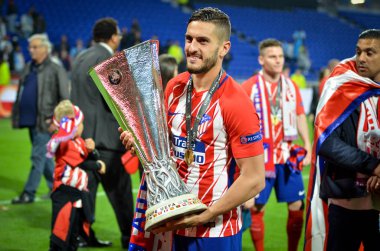Lyon, Fransa - 16 Mayıs, 2018: Athletico Madrid oyuncular final Uefa Avrupa Ligi Groupama Stadyumu, Fransa Olimpik Marsilya karşı zafer kutluyor