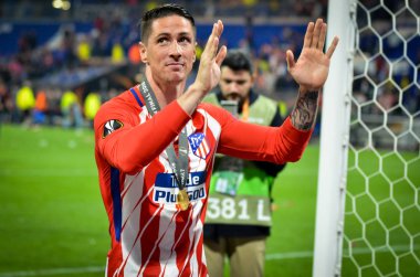 Lyon, Fransa - 16 Mayıs, 2018: Athletico Madrid oyuncular ve Fernando Torres final Uefa Avrupa Ligi Groupama Stadyumu, Fransa Olimpik Marsilya karşı zafer kutluyor