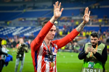 Lyon, Fransa - 16 Mayıs, 2018: Athletico Madrid oyuncular ve Fernando Torres final Uefa Avrupa Ligi Groupama Stadyumu, Fransa Olimpik Marsilya karşı zafer kutluyor