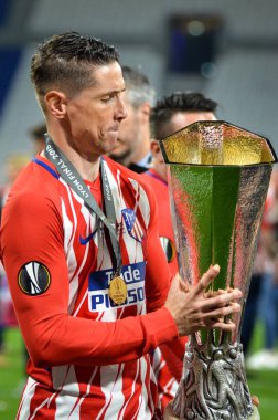 Lyon, Fransa - 16 Mayıs, 2018: Athletico Madrid oyuncular ve Fernando Torres final Uefa Avrupa Ligi Groupama Stadyumu, Fransa Olimpik Marsilya karşı zafer kutluyor