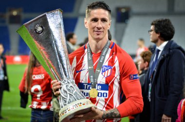 Lyon, Fransa - 16 Mayıs, 2018: Athletico Madrid oyuncular ve Fernando Torres final Uefa Avrupa Ligi Groupama Stadyumu, Fransa Olimpik Marsilya karşı zafer kutluyor