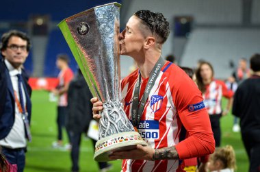 Lyon, Fransa - 16 Mayıs, 2018: Fernando Torres Groupama Stadyumu, Fransa zaferi sonra Uefa Kupası Avrupa Ligi kisses