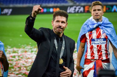 Lyon, Fransa - 16 Mayıs, 2018: Diego Simeone final Uefa Avrupa Ligi Groupama Stadyumu, Fransa Olimpik Marsilya karşı zafer kutluyor