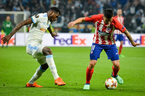 Lyon, Fransa - 16 Mayıs, 2018: Atletico Madrid vs Groupama Stadyumu, Fransa Olimpik Marsilya arasında final Uefa Avrupa Ligi maçı sırasında Angel Correa (R)
