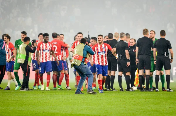 Lyon Francia Mayo 2018 Atlético Madrid Celebra Victoria Final Uefa —  Fotos de Stock