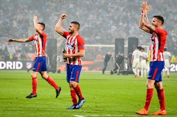 Lyon, Fransa - 16 Mayıs, 2018: Athletico Madrid oyuncular final Uefa Avrupa Ligi Groupama Stadyumu, Fransa Olimpik Marsilya karşı zafer kutluyor