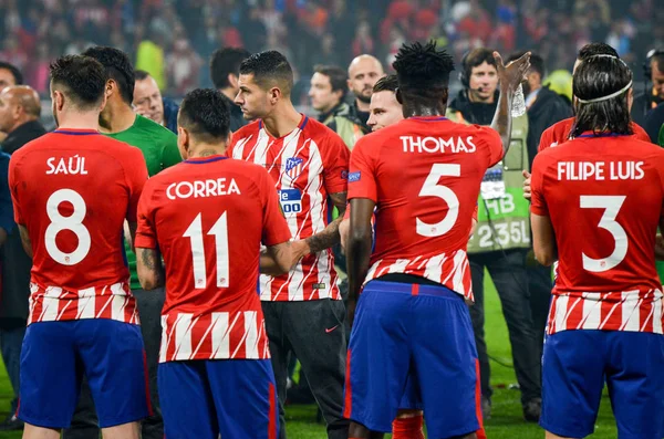 Lyon, Fransa - 16 Mayıs, 2018: oyuncular Atletico Madrid Groupama Stadyumu, Fransa Marsilya oyuncular için koridor başladı