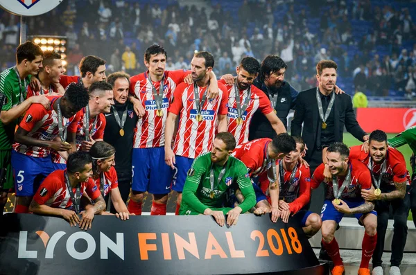 Lyon, Fransa - 16 Mayıs, 2018: Athletico Madrid oyuncular final Uefa Avrupa Ligi Groupama Stadyumu, Fransa Olimpik Marsilya karşı zafer kutluyor