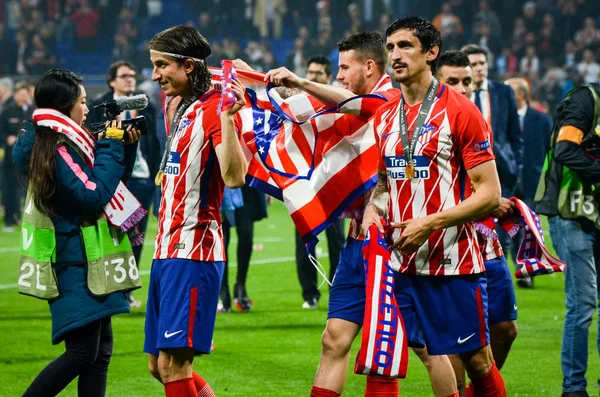 2018年5月 Athletico 马德里球员和菲利普 希杜莫路易斯庆祝胜利在决赛欧罗巴联盟反对奥林匹克马赛在 Groupama 体育场 — 图库照片