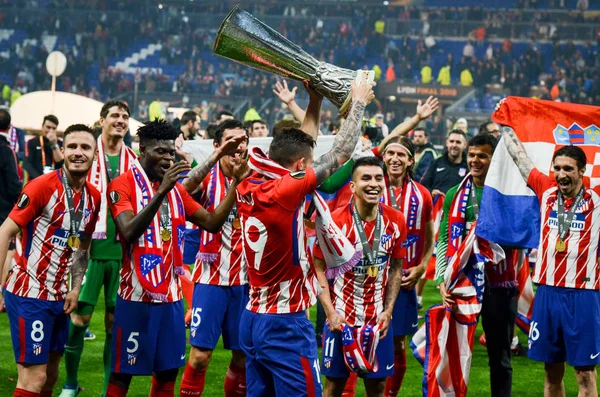 Lyon Franciaország Május 2018 Ban Atletico Madrid Lucas Hernandez Ünneplik — Stock Fotó