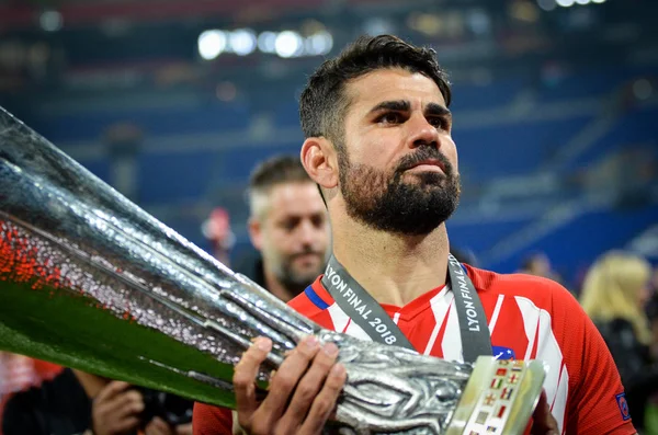 Lyon, Fransa - 16 Mayıs, 2018: Diego Costa final Uefa Avrupa Ligi Groupama Stadyumu, Fransa Olimpik Marsilya karşı zafer kutluyor