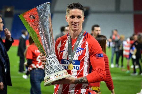 Lyon, Fransa - 16 Mayıs, 2018: Athletico Madrid oyuncular ve Fernando Torres final Uefa Avrupa Ligi Groupama Stadyumu, Fransa Olimpik Marsilya karşı zafer kutluyor