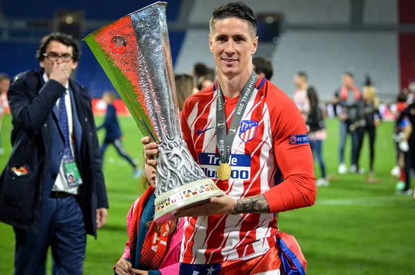 Lyon, Fransa - 16 Mayıs, 2018: Athletico Madrid oyuncular ve Fernando Torres final Uefa Avrupa Ligi Groupama Stadyumu, Fransa Olimpik Marsilya karşı zafer kutluyor