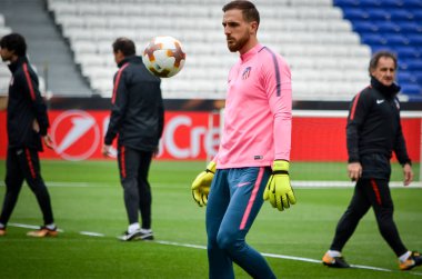 Lyon, Fransa - 16 Mayıs, 2018: eğitim futbolcular Atletico Madrid ve Jan Oblak daha önce final Uefa Avrupa Ligi maç Groupama Stadyumu, Fransa