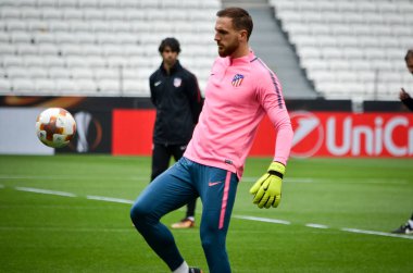 Lyon, Fransa - 16 Mayıs, 2018: eğitim futbolcular Atletico Madrid ve Jan Oblak daha önce final Uefa Avrupa Ligi maç Groupama Stadyumu, Fransa