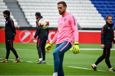 Lyon, Fransa - 16 Mayıs, 2018: eğitim futbolcular Atletico Madrid ve Jan Oblak daha önce final Uefa Avrupa Ligi maç Groupama Stadyumu, Fransa