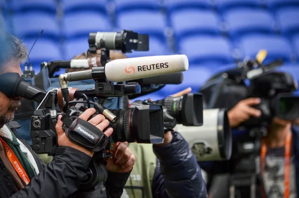 Lyon França Maio 2018 Jornalistas Operadores Estádio Lyon Durante Último — Fotografia de Stock