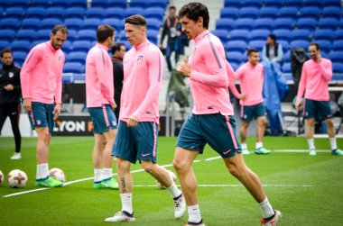 Lyon, Fransa - 16 Mayıs, 2018: eğitim futbolcular final Uefa Avrupa Ligi önce Atletico Madrid Maç Groupama Stadyumu, Fransa