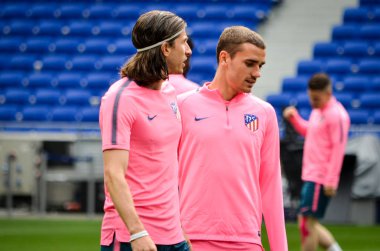 Lyon, Fransa - 16 Mayıs, 2018: eğitim futbolcular final Uefa Avrupa Ligi önce Atletico Madrid Maç Groupama Stadyumu, Fransa
