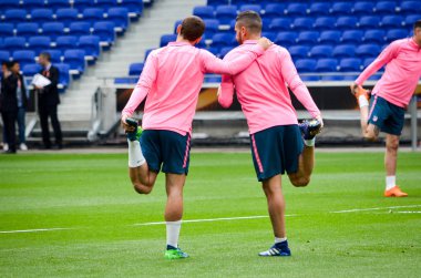 Lyon, Fransa - 16 Mayıs, 2018: eğitim futbolcular final Uefa Avrupa Ligi önce Atletico Madrid Maç Groupama Stadyumu, Fransa