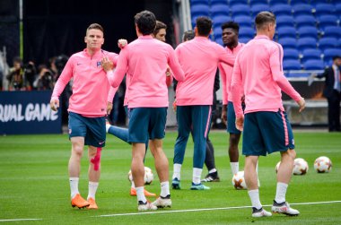 Lyon, Fransa - 16 Mayıs, 2018: eğitim futbolcular final Uefa Avrupa Ligi önce Atletico Madrid Maç Groupama Stadyumu, Fransa