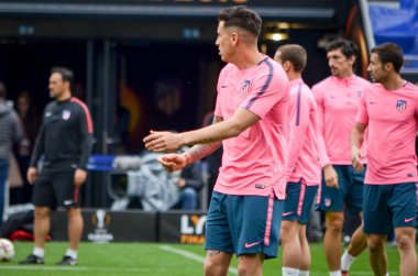 Lyon, Fransa - 16 Mayıs, 2018: eğitim futbolcular final Uefa Avrupa Ligi önce Atletico Madrid Maç Groupama Stadyumu, Fransa