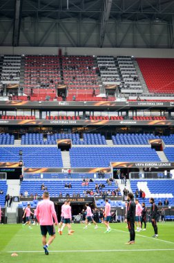 Lyon, Fransa - 16 Mayıs, 2018: eğitim futbolcular final Uefa Avrupa Ligi önce Atletico Madrid Maç Groupama Stadyumu, Fransa
