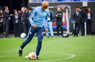 Lyon, Fransa - 16 Mayıs, 2018: Clinton N'Jiebefore final Uefa Avrupa Ligi maçı arada Atletico Madrid vs Olimpik Marsilya Groupama Stadyumu, Fransa
