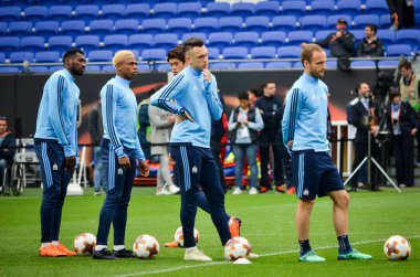 Lyon, Fransa - 16 Mayıs, 2018: futbol oyuncu Olimpik Marsilya eğitim daha önce final Uefa Avrupa Ligi maç Atletico Madrid vs arasında Olimpik Marsilya Groupama Stadyumu, Fransa