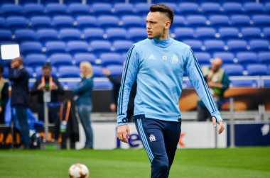 Lyon, Fransa - 16 Mayıs, 2018: Lucas Ocampos final Uefa Avrupa Ligi maçında Atletico Madrid vs arasında önce Groupama Stadyumu'nda Olimpik Marsilya eğitim, Fransa