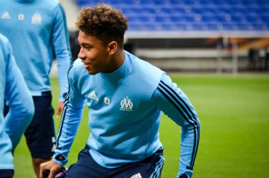 Lyon, Fransa - 16 Mayıs, 2018: Boubacar Kamara oyuncu Olimpik Marsilya eğitim daha önce final Uefa Avrupa Ligi maç Atletico Madrid vs arasında Olimpik Marsilya Groupama Stadyumu, Fransa