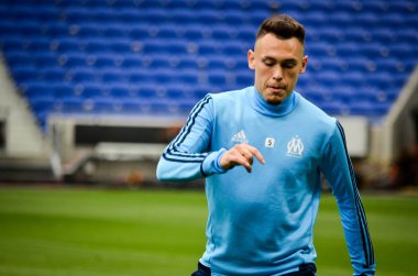 Lyon, Fransa - 16 Mayıs, 2018: Lucas Ocampos oyuncu Olimpik Marsilya eğitim daha önce final Uefa Avrupa Ligi maç Atletico Madrid vs arasında Olimpik Marsilya Groupama Stadyumu, Fransa