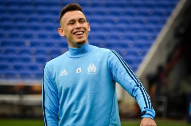 Lyon, Fransa - 16 Mayıs, 2018: Lucas Ocampos oyuncu Olimpik Marsilya eğitim daha önce final Uefa Avrupa Ligi maç Atletico Madrid vs arasında Olimpik Marsilya Groupama Stadyumu, Fransa