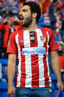 Lyon, Fransa - 16 Mayıs, 2018: Atletico Madrid taraftarları final Uefa Avrupa Ligi sırasında takım maç arada Atletico Madrid vs Groupama Stadyumu, Fransa Olimpik Marsilya standları destek