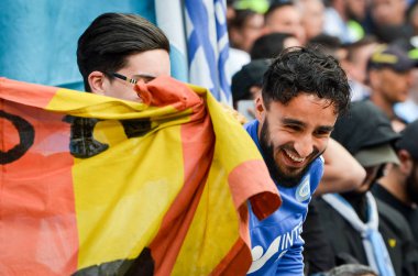 Lyon, Fransa - 16 Mayıs, 2018: Olimpik Marsilya hayranları takım sırasında final Uefa Avrupa Ligi maç arada Atletico Madrid vs Groupama Stadyumu, Fransa Olimpik Marsilya standları destek